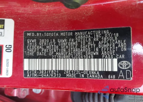 2018 Toyota Corolla Le из США, поврежденный, VIN 2T1BURHE1JC041049